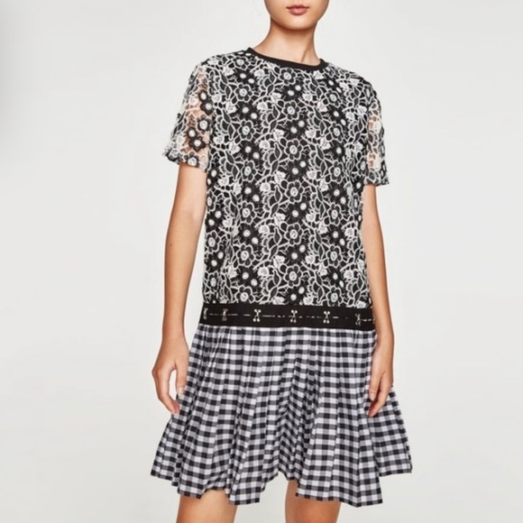 NWOT ZARA TRF Dark Academia Checked Crochet Floral Lace Pleated Dress Small - Picture 1 of 16